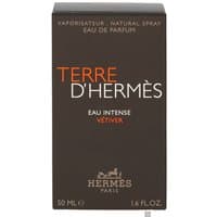 Brown box of Hermes Terre D'Hermes Eau Intense Vetiver Eau de Parfum Spray, 50ml with orange and white text.