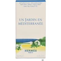 Hermes Un Jardin En Mediterranee Eau de Toilette 50ml, white box with blue text and green landscape illustration
