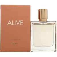 Clear glass bottle with gold cap, next to a peach box labeled "ALIVE" by Hugo Boss, 50ml Eau De Toilette.