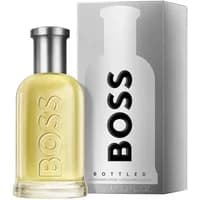Clear glass bottle of Hugo Boss Bottled Aftershave 100ml with silver cap, next to a sleek silver box.