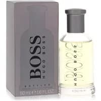 Hugo Boss Bottled Aftershave 50ml, clear glass bottle with silver cap, next to gray box with bold black lettering.