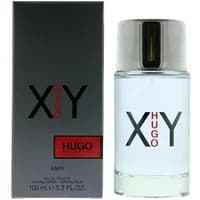 Hugo Boss Hugo XY Eau De Toilette 100ml, clear glass bottle with silver cap, black and red text, next to matching box.