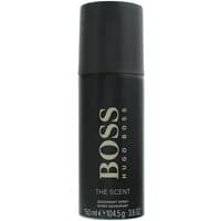 Black Hugo Boss The Scent deodorant spray, 150ml, with bold silver logo and sleek cylindrical design.