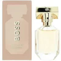 Hugo Boss The Scent For Her 30ml perfume, clear faceted bottle with gold cap, next to peach box with embossed logo.
