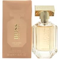 Hugo Boss The Scent For Her Eau De Parfum 50ml, clear faceted bottle with gold cap, peach box with gold lettering.