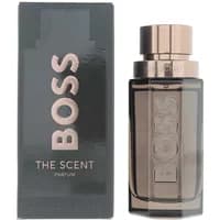 Hugo Boss The Scent Le Parfum For Him, 50ml bottle with sleek metallic cap and dark glass, next to matching box.