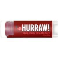 Hurraw! Black Cherry tinted lip balm, red tube with white text, transparent cap, 4.8g size.