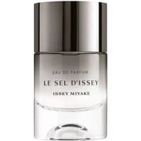 Clear glass bottle with silver cap, labeled "Le Sel d'Issey" Eau De Parfum by Issey Miyake, 50ml.
