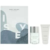 Issey Miyake gift set with 50ml clear eau de toilette bottle, silver cap, and 50ml white shower gel tube, abstract box design.