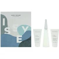 Issey Miyake L'Eau D'Issey gift set with 50ml cone-shaped bottle and two white tubes, in a blue and white box.