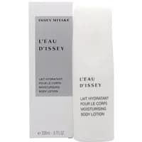 White Issey Miyake L'Eau D'Issey body lotion bottle with black text, next to matching white box, 200ml size.