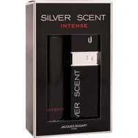 Jacques Bogart Silver Scent Intense gift set with black 100ml EDT bottle and 200ml body spray in a sleek black box.