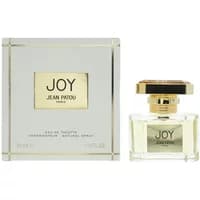Jean Patou Joy Eau De Toilette 30ml, clear square bottle with gold cap, next to matching white and gold box.