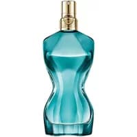 Teal torso-shaped bottle of Jean Paul Gaultier La Belle Paradise Garden Eau De Parfum with gold cap, 30ml.