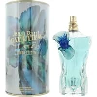 Jean Paul Gaultier Le Beau Flower Edition perfume, blue torso-shaped bottle with floral design, gold cap, 125ml.