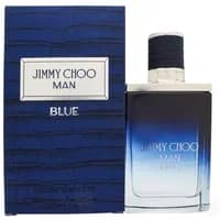 Jimmy Choo Man Blue Eau De Toilette 50ml bottle with gradient blue glass and textured dark blue cap, next to matching box.