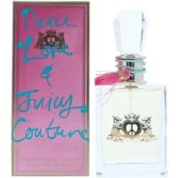 Juicy Couture Peace Love & Juicy Couture perfume, 100ml bottle with pink tassel and ornate logo, pink box with blue text.