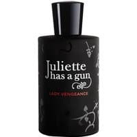 Black cylindrical bottle of Juliette has a Gun Lady Vengeance Eau de Parfum with white and red text.