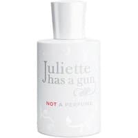 White cylindrical bottle of "Juliette has a Gun Not A Perfume" Eau de Parfum, 50 ml, with minimalist text design.