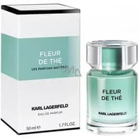 Karl Lagerfeld Fleur De The Eau De Parfum 50ml, clear glass bottle with teal liquid and matching box.