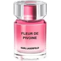 Clear glass bottle of Karl Lagerfeld Fleur Pivoine Eau De Parfum, pink liquid, silver cap, black text.