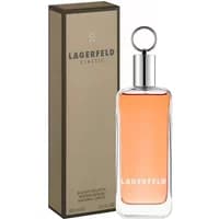 Karl Lagerfeld Homme Classic Eau De Toilette 100ml, clear bottle with silver cap, orange fragrance, brown box.