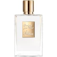 Clear glass perfume bottle with gold cap and label, "Good Girl Gone Bad" by Kilian, 50 ml, women's floral fragrance.