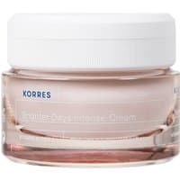 Korres Wild Rose Day-Brightening Intense-Cream in a clear jar with white lid, 40ml size, featuring subtle rose tint.