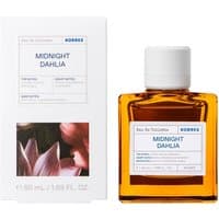 Amber glass bottle of Korres Midnight Dahlia Eau De Toilette 50ml with white cap and floral packaging.