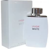 Lalique White Eau De Toilette 125ml, sleek white bottle with silver cap, next to matching white box.