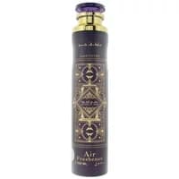 Lattafa Bade'e Al Oud Amethyst Room Spray 300ml, purple bottle with gold ornate design and purple cap.