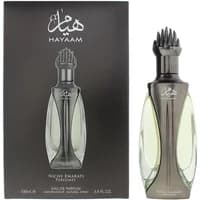 Lattafa Niche Emarati Hayaam Eau De Parfum 100ml, black and clear bottle with ornate cap, next to matching box.