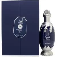 Lattafa Niche Emarati Lujain Eau De Parfum 100ml, dark blue bottle with silver ornate cap and detailing, matching box.