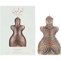 Lattafa Niche Emarati Toleen Eau De Parfum 80ml, ornate knight-shaped bottle with intricate patterns, next to box.