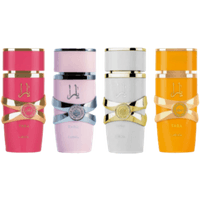 Lattafa Yara Collection set, four colorful 5ml bottles with gold and silver accents, pink, white, and orange designs.