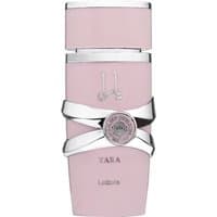 Pink Lattafa Yara Eau de Parfum bottle with silver accents and decorative emblem, 100 ml size.