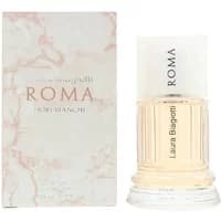 Laura Biagiotti Roma Fiori Bianchi Eau De Toilette 50ml, ribbed glass bottle with white cap, next to marble-patterned box.