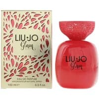 Liu-Jo Glam Eau De Parfum 100ml with red bottle and ornate gold box featuring leaf cutout design.