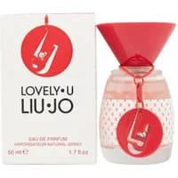 "Liu-Jo Lovely U Eau De Parfum 50ml with pink cap, clear bottle, and red logo charm, next to branded box."