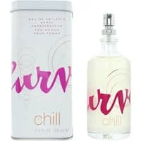 Clear glass bottle of Liz Claiborne Curve Chill Eau De Toilette with pink text, silver cap, next to matching tin box.