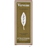 Green rectangular box with white leaf design, labeled "Verveine Eau de Toilette" by L'Occitane, 100ml size.