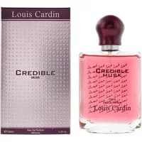 Louis Cardin Credible Musk Eau De Parfum 100ml, pink liquid in clear bottle with maroon cap, next to matching box.