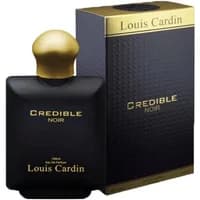 Black Louis Cardin Credible Noir Eau De Parfum bottle with gold cap, next to matching black and gold box.