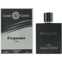 Louis Cardin Empower Noir Eau De Parfum 100ml, sleek black rectangular bottle with silver cap and matching box.