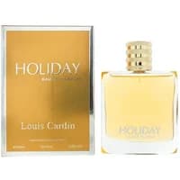 Louis Cardin Holiday Eau De Parfum 100ml, gold rectangular bottle with ribbed cap, matching gold box.