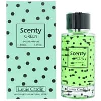 Louis Cardin Scenty Green Eau De Parfum 100ml, clear bottle with green liquid and black polka dots, matching box.
