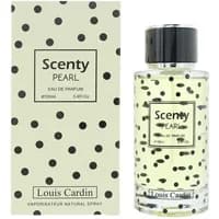 Clear glass bottle of Louis Cardin Scenty Pearl Eau De Parfum, black polka dots, with matching dotted box.