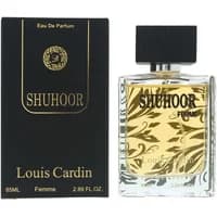 "Louis Cardin Shuhoor Eau De Parfum 85ml, clear glass bottle with gold floral design and black cap, black box packaging"