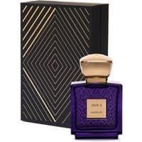Purple Majouri Jour 11 perfume bottle with gold cap, geometric pattern, and matching black box with gold lines.