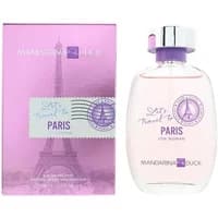 Mandarina Duck Let's Travel To Paris For Woman Eau De Toilette 100ml, clear bottle with purple cap and Paris-themed box.